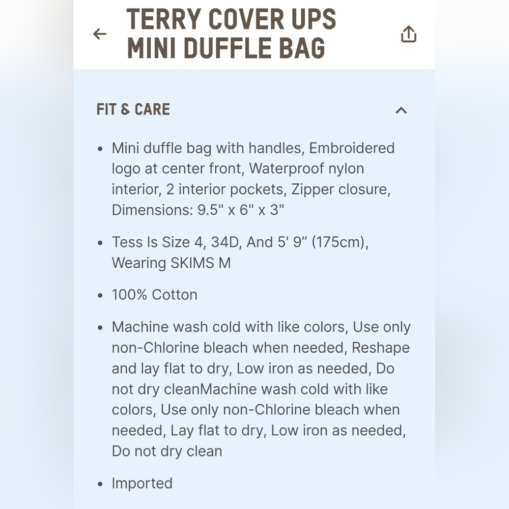 💕NWT SKIMS Terry Coverups Mini Duffle Bag Blue Tide Tote Purse Summer Poolside - Picture 3 of 5